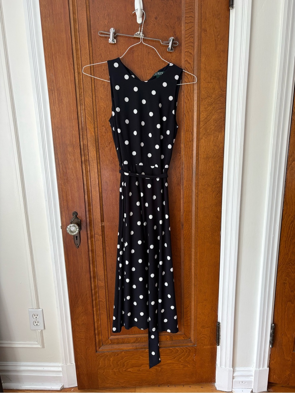 Ralph Lauren Navy Midi Dress with White Polka Dots and Tie Waist - size 4